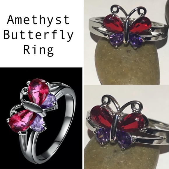 New Amethyst Zircon Butterfly Platinum Plated Ring - Picture 1 of 5